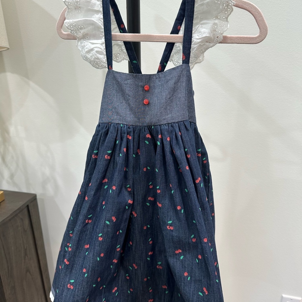 Charming Denim Cherry Dress with White Lace Sleeves